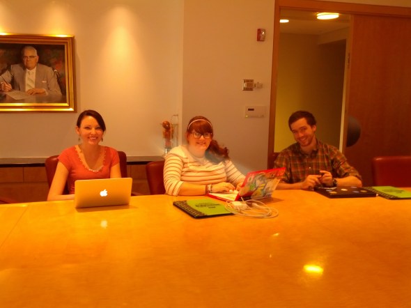 Kiley Neal, Sara Rae Rust, and Kam McBride at the first meeting of the Discovery 2013 Internship, which will give 11 Ball State students the chance to work directly with literary agents, authors, and other publishing professionals. Boo ya! 